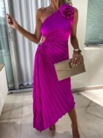 Ins Pleated One-shoulder Dress With Big Rose Flower Fashionable Sexy Evening Party Club Asymmetrical Dress - Image 3