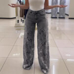 Y2K Lace Flowers Hollow Jeans Fashion High Waist Straight Wide Leg Pants Solid Color Trousers Women's Clothing - Image 2