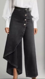 Unique Straight-leg Pants Fashion Large Ruffled Buttons Trousers Women's Faux Jeans Clothing - Image 2