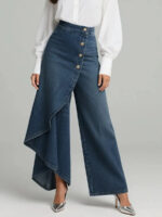 Unique Straight-leg Pants Fashion Large Ruffled Buttons Trousers Women's Faux Jeans Clothing - Image 4