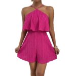 Crinkled Halter Neck Ruffled Jumpsuit Women's One Piece Summer Outfit With Flared Legs And Lightweight Breathable Design - Image 3