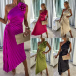 Ins Pleated One-shoulder Dress With Big Rose Flower Fashionable Sexy Evening Party Club Asymmetrical Dress - Image 4
