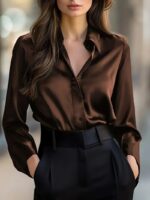 Elegant Satin Long Sleeve Blouse For Women Button-Up Collar Shirt Perfect For Casual Professional Business Work Wear Women's Clothing - Image 4