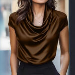Womens Solid-color Boat-neck Drapey Short-sleeve Top - Image 2