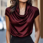 Womens Solid-color Boat-neck Drapey Short-sleeve Top - Image 4
