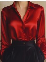 Elegant Satin Long Sleeve Blouse For Women Button-Up Collar Shirt Perfect For Casual Professional Business Work Wear Women's Clothing - Image 2