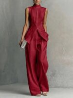 Fashionable Slim-fit Sleeveless Solid-color Top Wide-leg Pants Two-piece Set - Image 4