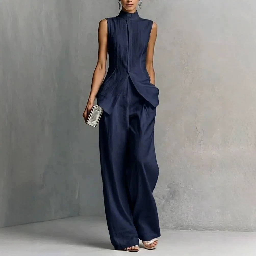 3fde3d92-311a-4cff-8456-167396eefab5.jpg Fashionable Slim-fit Sleeveless Solid-color Top Wide-leg Pants Two-piece Set - Image 1