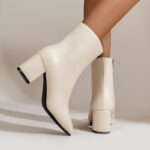 Chunky Heel Pointed Toe Boots With Side Zipper Fashion Mid-calf Boot For Women Shoes - Image 4