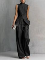 Fashionable Slim-fit Sleeveless Solid-color Top Wide-leg Pants Two-piece Set - Image 3
