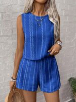 Casual Craft Stripe Printing Sleeveless Tank Top Shorts Suit - Image 4
