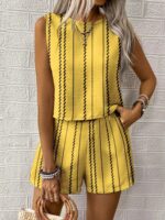 Casual Craft Stripe Printing Sleeveless Tank Top Shorts Suit - Image 2