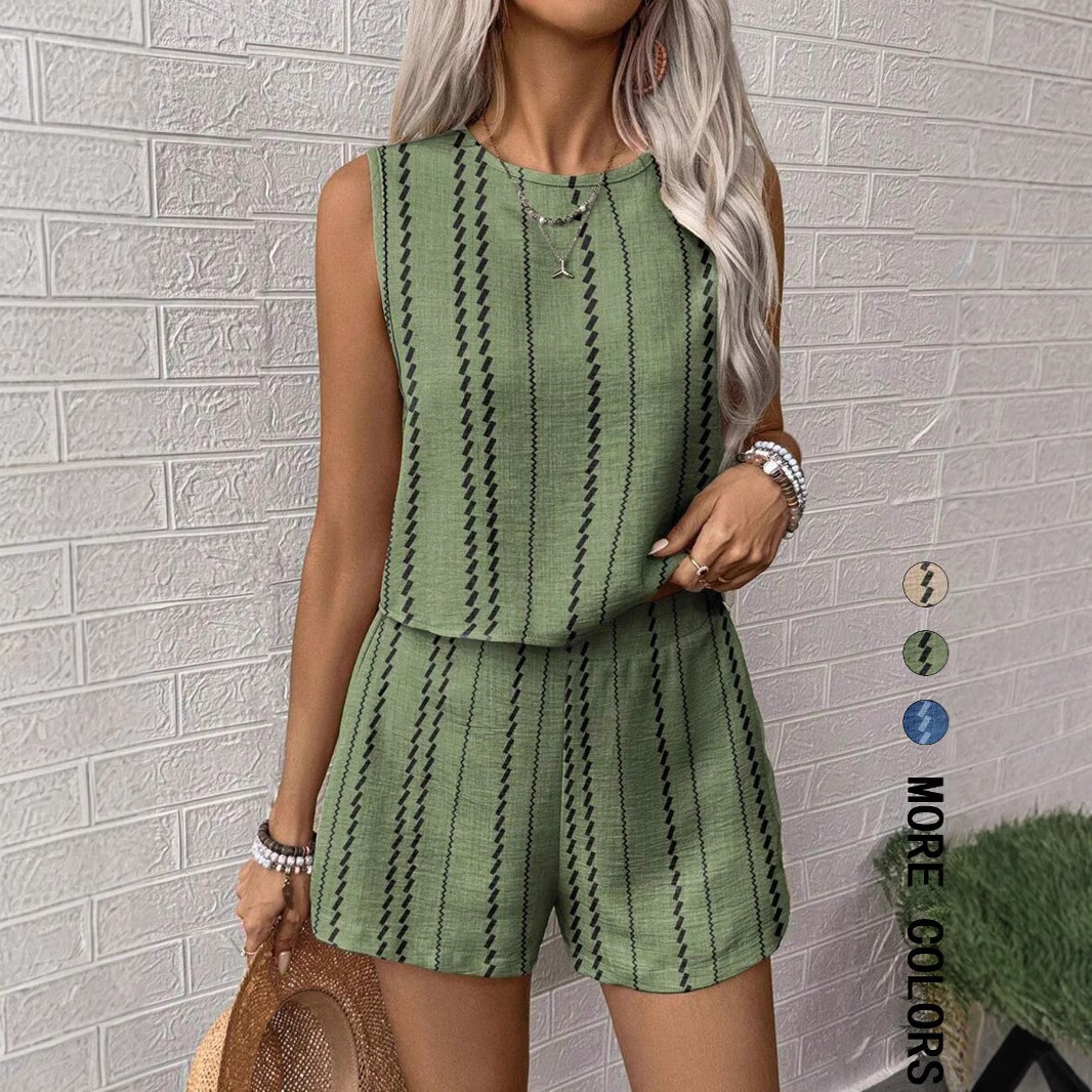 b37165b0-e722-44db-9a39-568e01ee6149.jpg Casual Craft Stripe Printing Sleeveless Tank Top Shorts Suit - Image 1