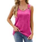 Women's Vest With Metal Button Design Fashion Solid Color Round Neck Sleeveless T-shirt Summer Tank Tops Womens Clothing - Image 3